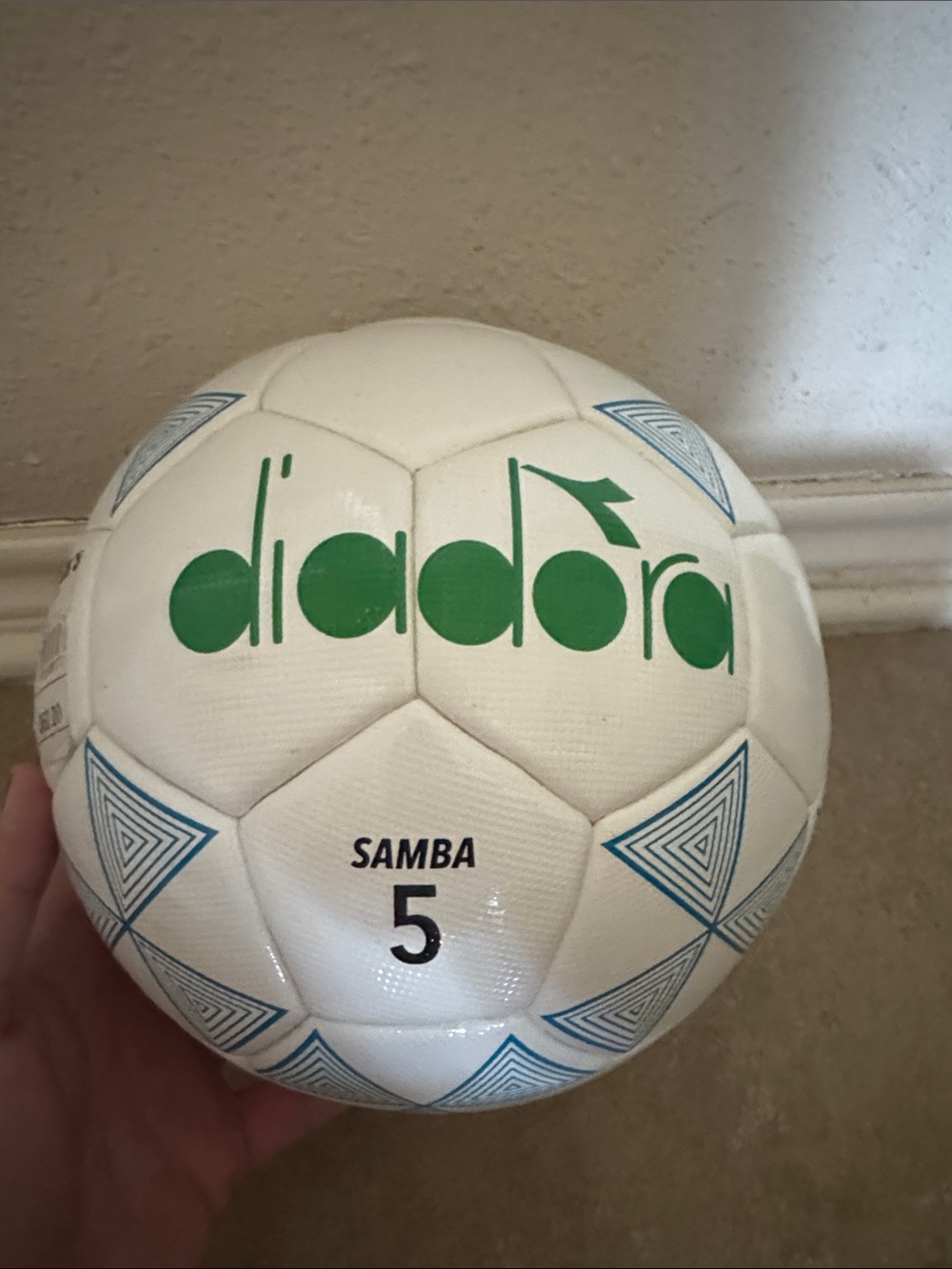 Diadora White Soccer Ball with Green Logo and Blue Accents